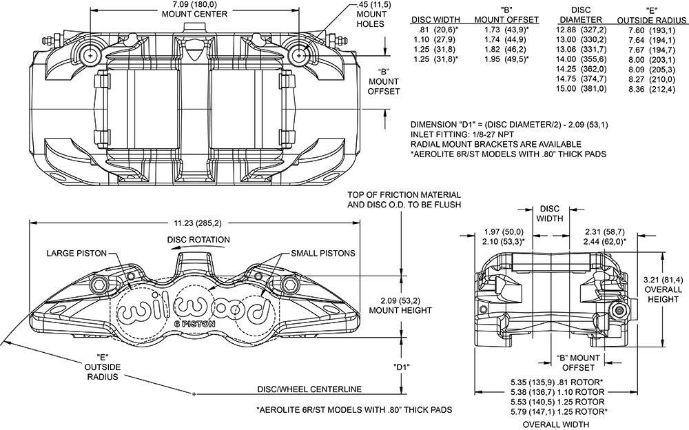 Aero6_Radial_Mount-cm Pinza de freno Wilwood 120-13300 Aero6 de montaje radial, izquierda, 6 pistones - Imagen 1