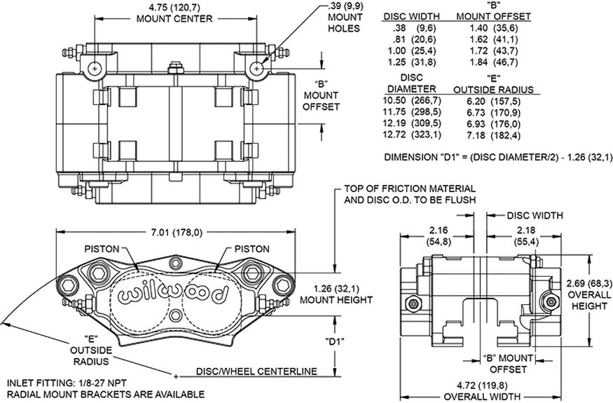 Billet_Narrow_Dynalite_Radial_Mount-cm Pinza de freno radial universal Wilwood 120-13406 Billet Narrow Dynalite de 4 pistones, niquelada. - Imagen 1