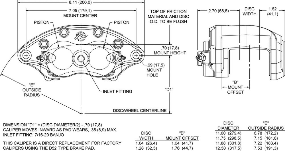 D52_caliper-cm-lg_1 Pinza de freno flotante universal Wilwood 120-10938 D52 de 2 pistones, color negro. - Imagen 1