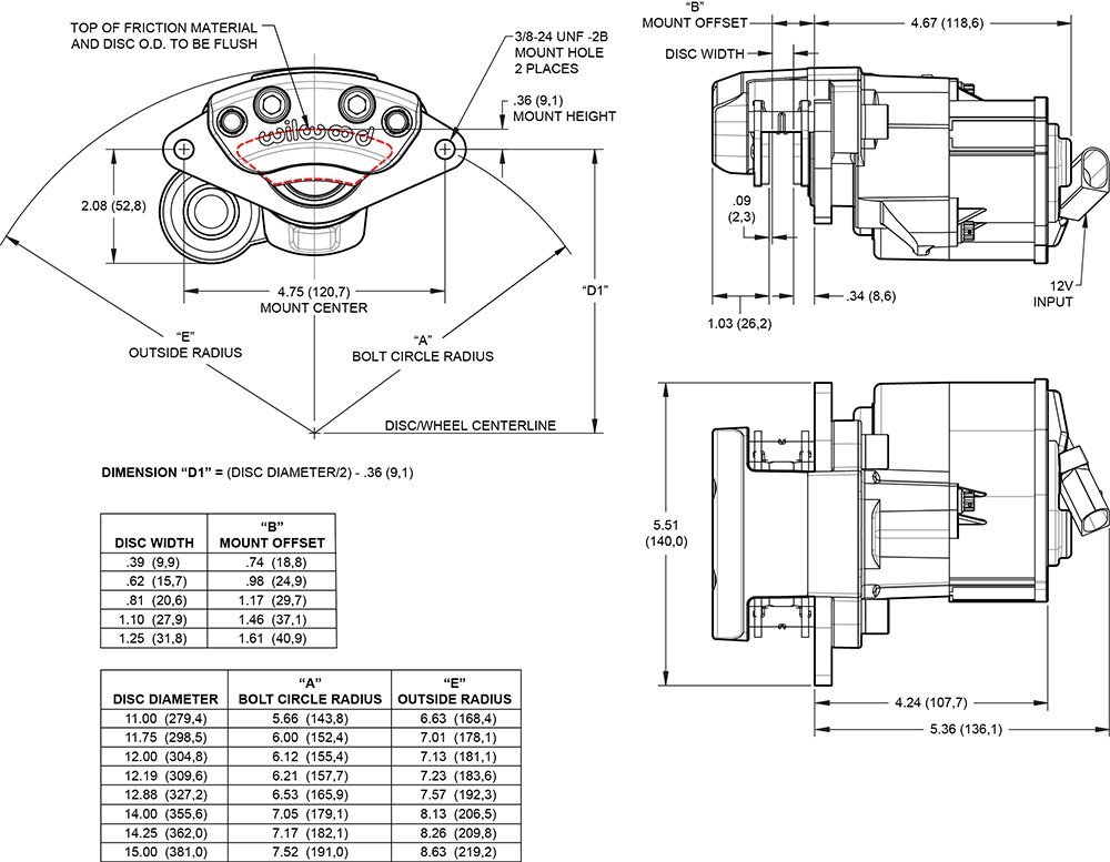 120-15700 (EPB_Electronic_Parking_Brake-cm) Pinza de freno de estacionamiento eléctrico Wilwood 120-17014 con montaje flotante, derecha, 1 pistón, color negro. - Imagen 1