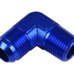 Adaptador AN10-3/4 NPT de 90" con acoplamiento macho-macho para manguera, color azul.