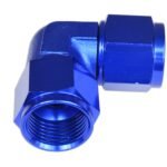 Adaptador AN10 de 90°, acoplamiento hembra-hembra para manguera, color azul.