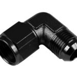 Adaptador AN12 de 90°, acoplamiento hembra-macho para manguera, color negro.