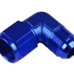 Adaptador AN12 de 90°, acoplamiento hembra-macho para manguera, color azul.