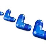 Adaptador AN4 de 90°, acoplamiento macho-macho para manguera, color azul.