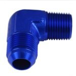 Adaptador AN8-3/8 NPT de 90" con acoplamiento macho-macho para manguera, color azul.