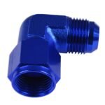 Adaptador AN8 de 90°, acoplamiento hembra-macho para manguera, color azul.