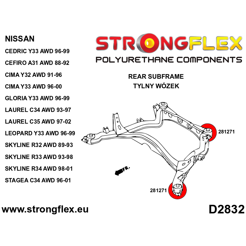 286205B-1 286205B Kit de bujes del subchasis trasero AWD para Nissan Cefiro / Laurel / Skyline / Stagea - Imagen 1
